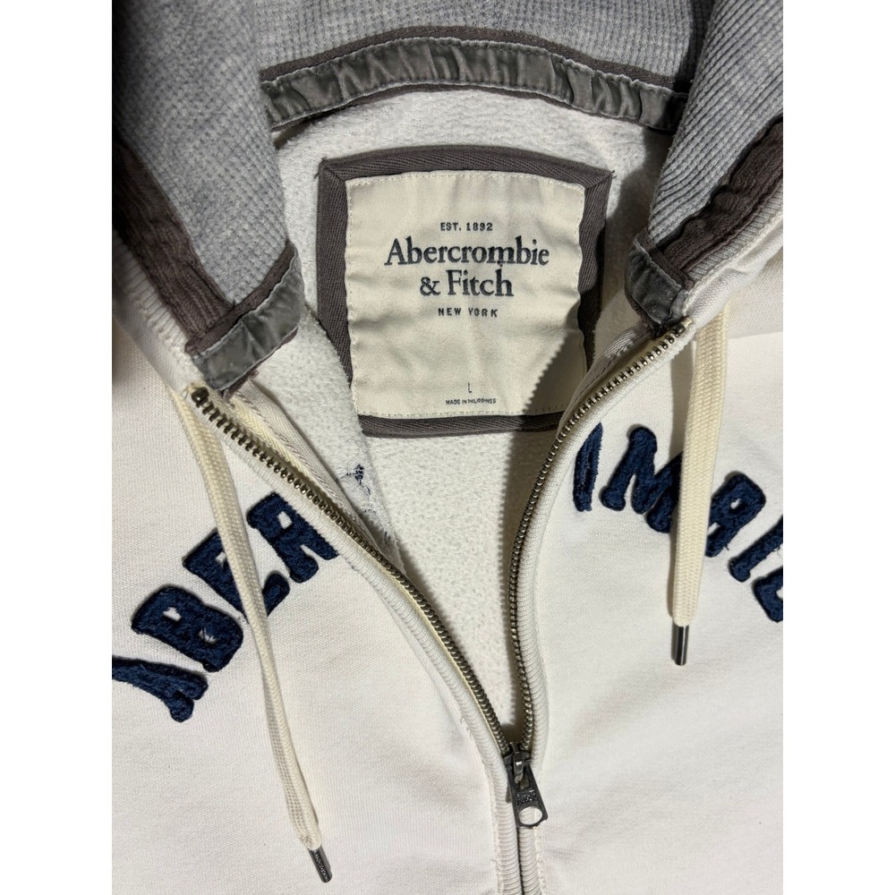 Abercrombie & Fitch Womens Cream Full Zip Hoodie Navy Logo Thermal Hood Large
